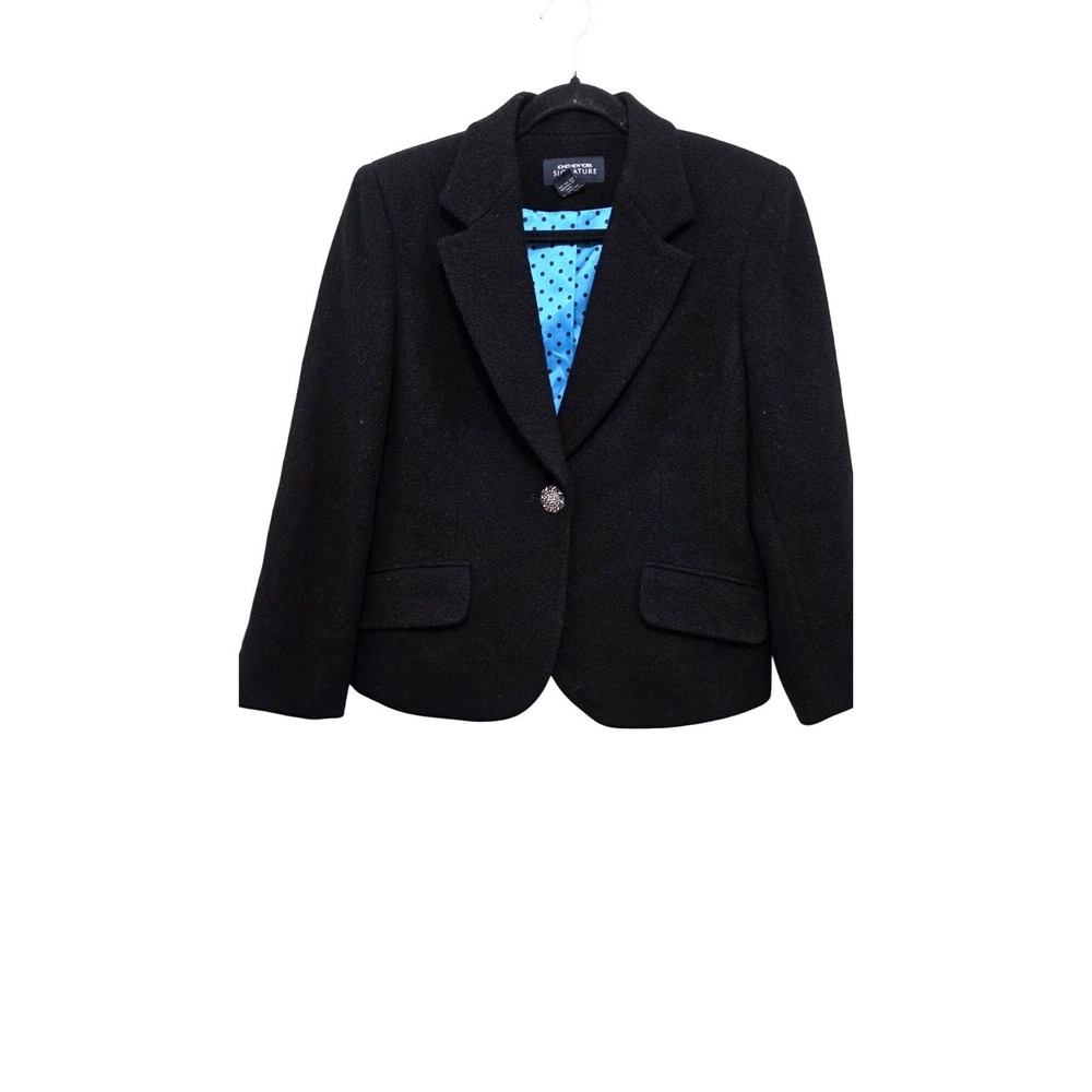 Jones New York Women's10 Black 100% Pure Wool Blend Blazer Polka Dot Blue Lining